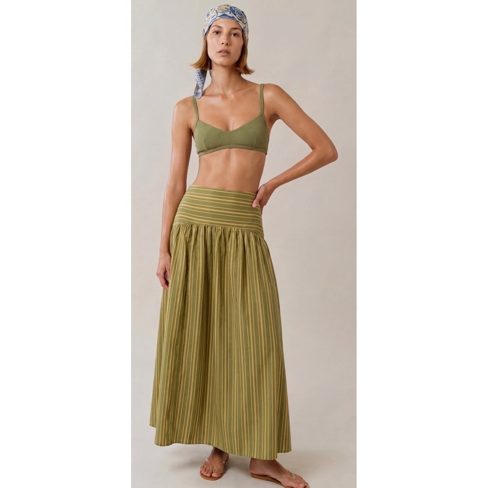 Few Moda CAARA Green Tan Striped Cotton Maxi Skirt Size 4 C25WSKA0503SC